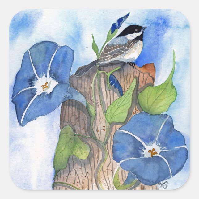 Sticker Carré Blue Morning Glories et le poulet (Devant)