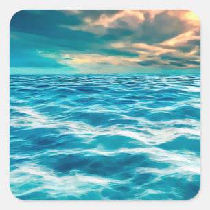 Sticker Carré Blue Ocean Seascape Ciel nuageux peinture numériqu