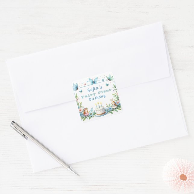 Sticker Carré Blue Pastel Butterfly Fairy First Birday - (Enveloppe)
