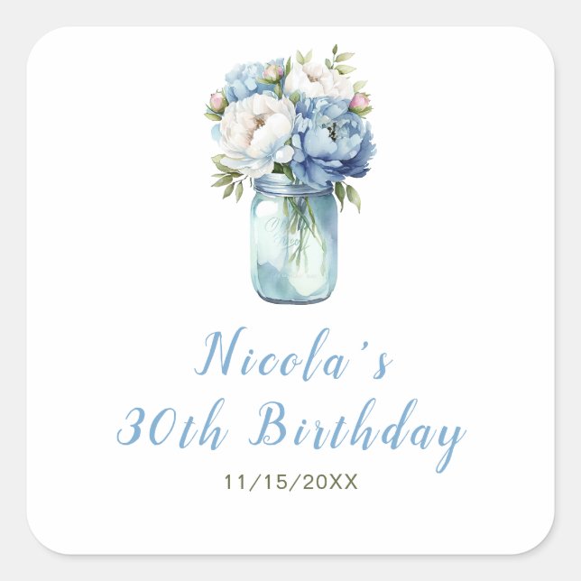 Sticker Carré Blue Peonies Mason Jar Anniversaire (Devant)