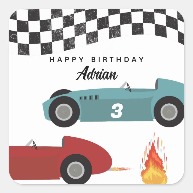 Sticker Carré Blue Red Race Fast Retro Racing Cars Anniversaire (Devant)