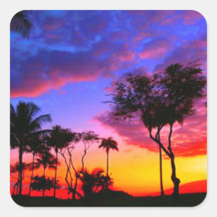 Sticker Carré Blue Red Sunset Exotic Hawaiian Beach Palm Trees