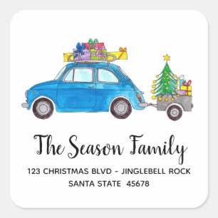 Sticker Carré Blue Retro Fiat 500 avec cadeaux de Noël