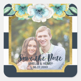 Sticker Carré Blue Stripes Faux Gold Floral Enregistrer la date 