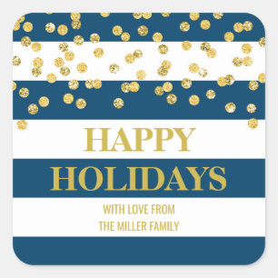 Sticker Carré Blue Stripes Gold Confetti Joyeuses Vacances Perso