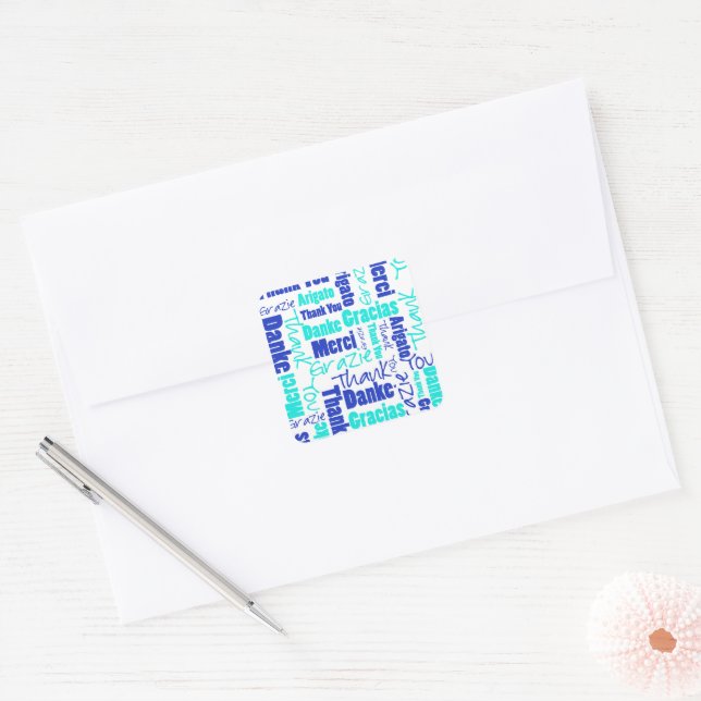 Sticker Carré Blue Turquoise Multilingual Merci Word Collage (Enveloppe)