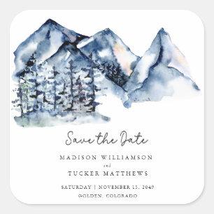 Sticker Carré Blue Watercolor Mountain Rustic Boho Enregistrer l