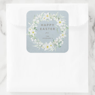 Sticker Carré Blue + White Floral Wreath Message de Pâques