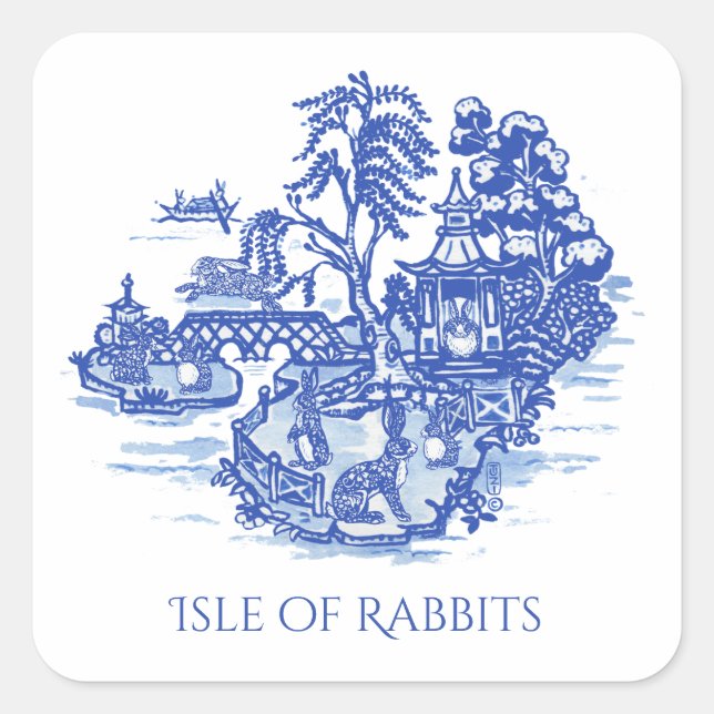 Sticker Carré Blue Willow I Love Rabbits Classic Chinoiserie (Devant)