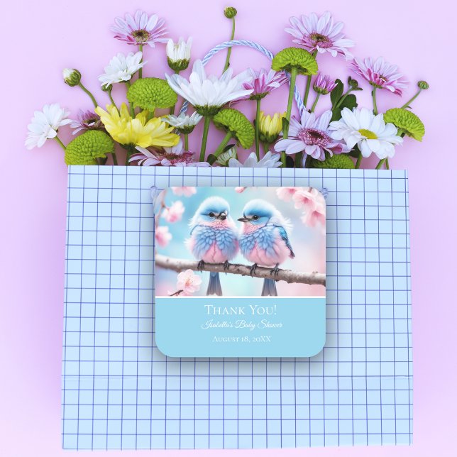 Sticker Carré Bluebirds et Merci bébé en fleurs de cerisiers (Whimsical baby shower stickers featuring cherry blossoms and fluffy songbirds.)