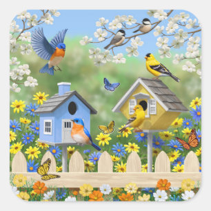 Sticker Carré Bluebirds Goldfinches Birdhouses Jardin aux fleurs
