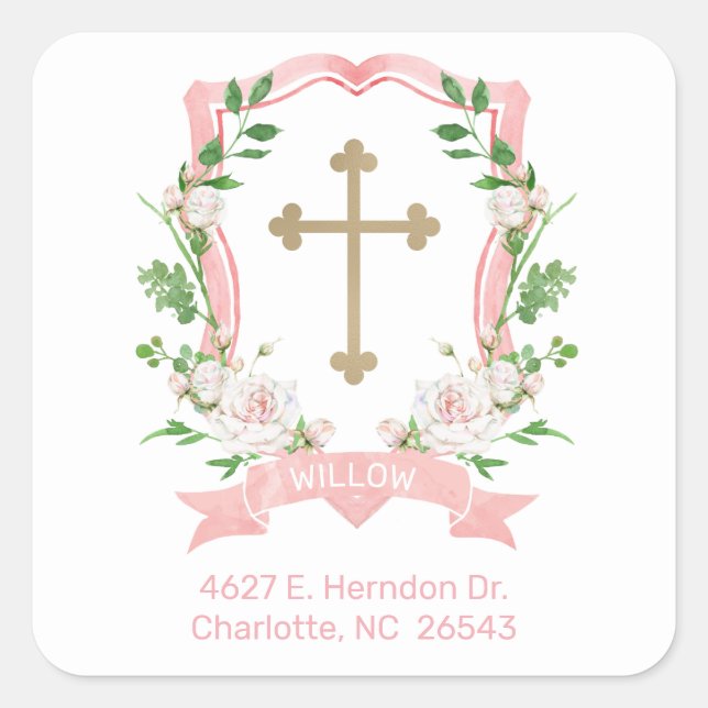 Sticker Carré Blush Floral Baptism Adresse de retour (Devant)