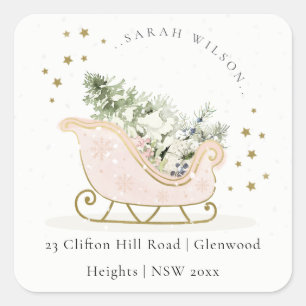 Sticker Carré Blush Pink Gold Winter Sleigh Adresse de Noël
