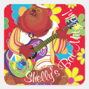Sticker Carré BM Bar Bat mitzvah Hippie Fleurs Ours