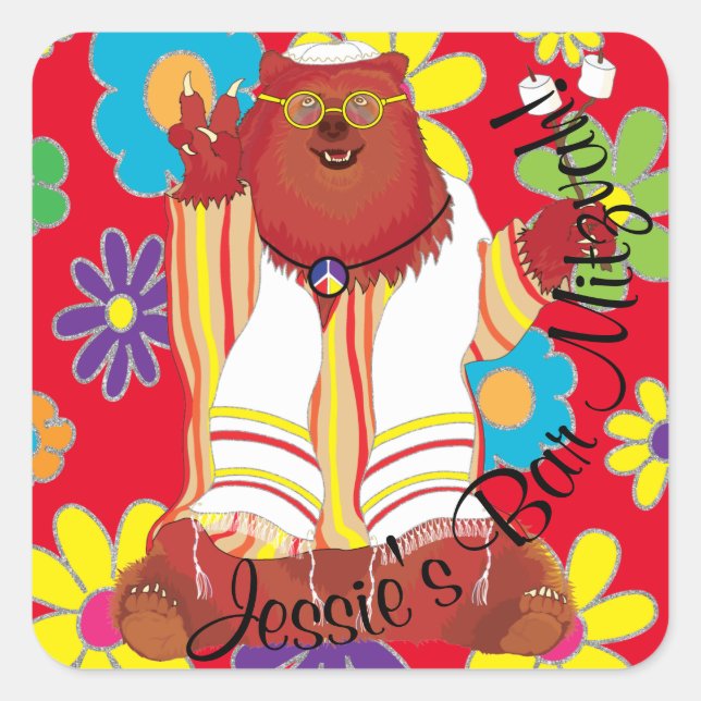 Sticker Carré BM Bar Bat mitzvah Hippie Peace Bear (Devant)