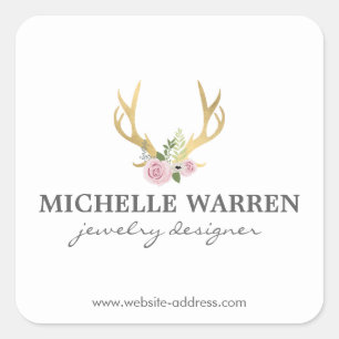 Sticker Carré Bohème Antlers Or avec Fleurs Personnalisées