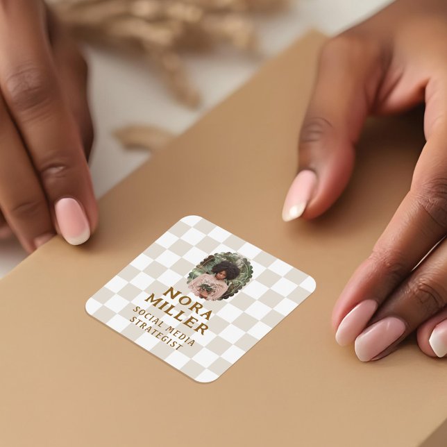 Sticker Carré Boho À damiers photo Motif (Modern Boho Checkered Pattern Photo Business Square Sticker)