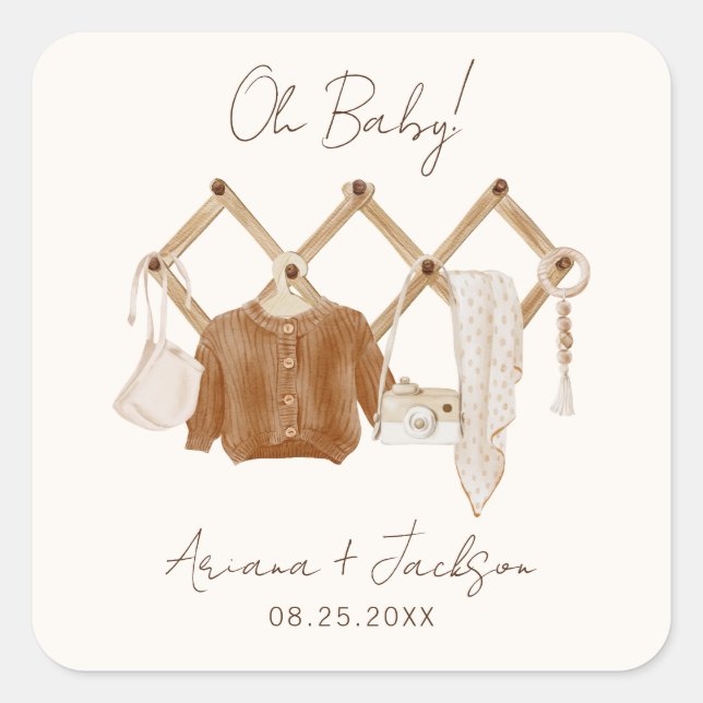 Sticker Carré Boho Baby Neutral Douche Invitation (Devant)