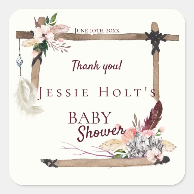 Sticker Carré Boho Beau Merci de Baby shower (Devant)