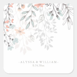 Sticker Carré Boho Botanique Rustique Mariage en Coral et Grey