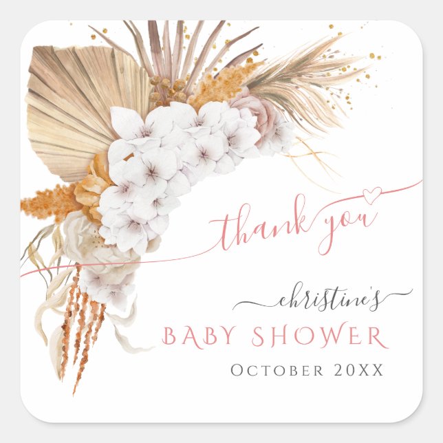 Sticker Carré Boho Chic Aquarelle Baby shower Floral Merci (Devant)
