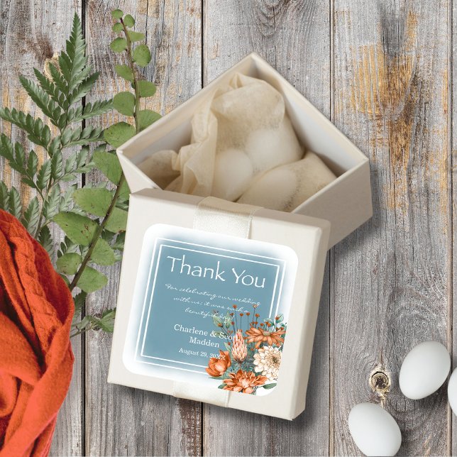 Sticker Carré Boho Chic Orange et crème Fleur Fumée Laver Bleu (Créateur téléchargé)