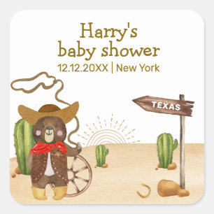 Sticker Carré Boho Cowboy Bear Western Rodeo Cactus Baby shower