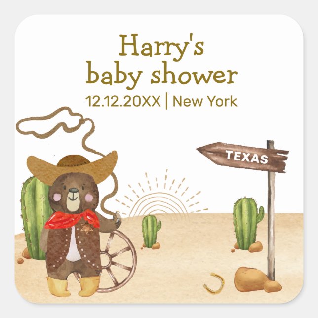 Sticker Carré Boho Cowboy Bear Western Rodeo Cactus Baby shower (Devant)