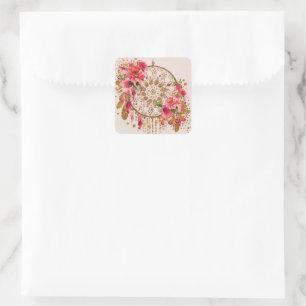 Sticker Carré Boho Dreamcatcher Pink Gold Floral Aquarelle