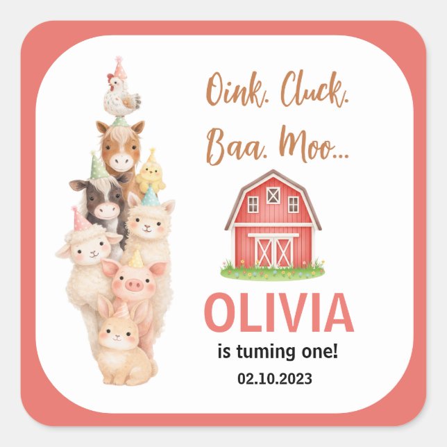 Sticker Carré Boho Farm Animal 1st Birthday |Cute Rustic Barnyad (Devant)