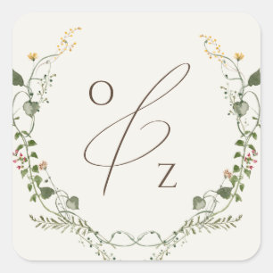 Sticker Carré Boho Fleur sauvage BeigeMonogramme Enveloppe couro