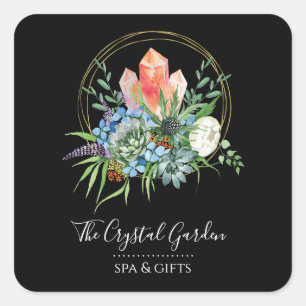 Sticker Carré Boho Fleurs Succulentes Bouquet Crystals Aquarelle