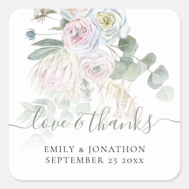 Sticker Carré Boho Floral Eucalyptus Merci Nom Date Mariage (Devant)