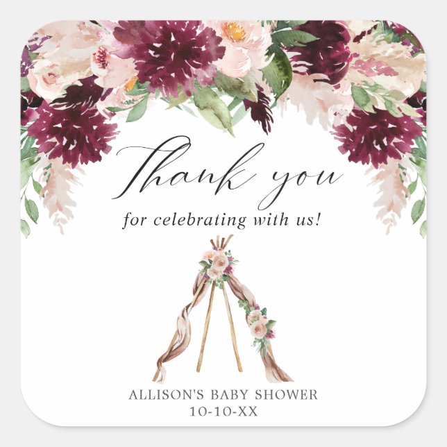 Sticker Carré Boho floral rose marsala teepee merci (Devant)