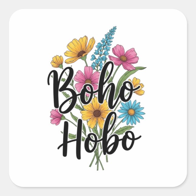 Sticker Carré Boho Hobo design bouquet de fleurs (Devant)