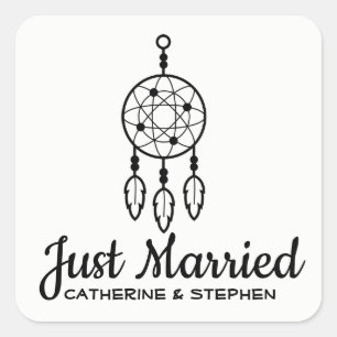 Sticker Carré Boho Just Married Attrape-Rêves Mariage Noir