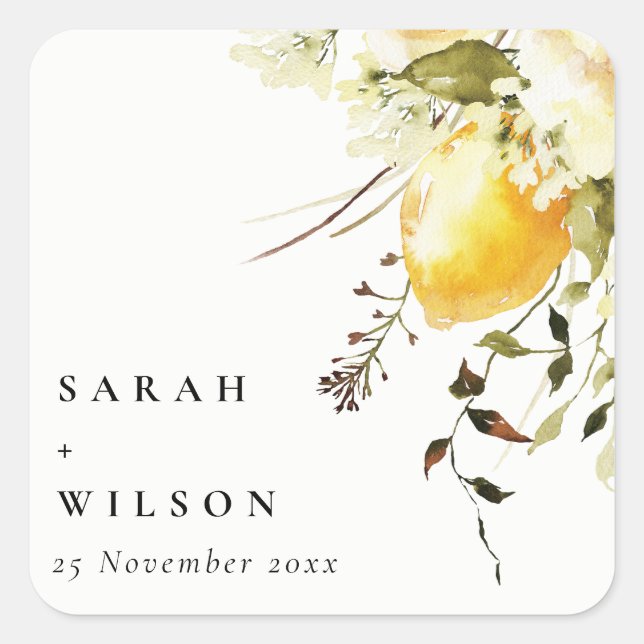 Sticker Carré Boho Lemon Aquarelle jaune Mariage floral (Devant)