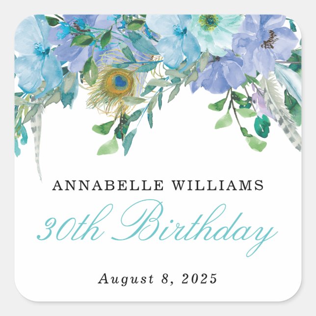 Sticker Carré Boho Mint Floral Vert Aquarelle Bleue Anniversaire (Devant)