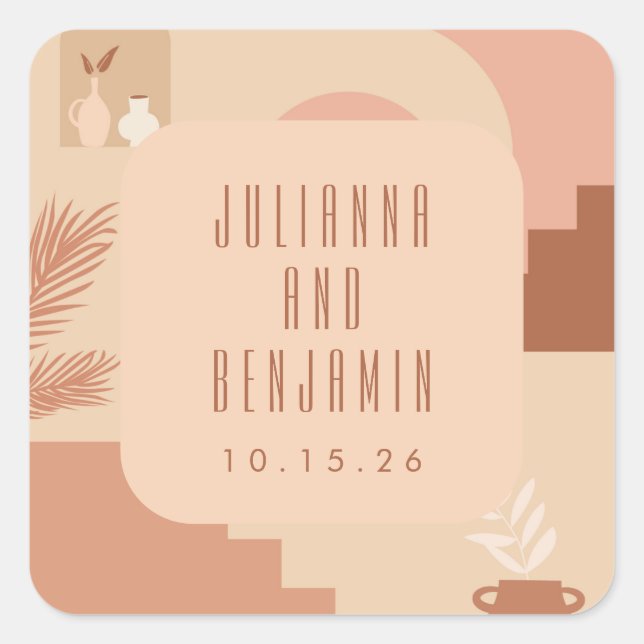 Sticker Carré Boho Moderne Floral Blush Terracotta Mariage Perso (Devant)