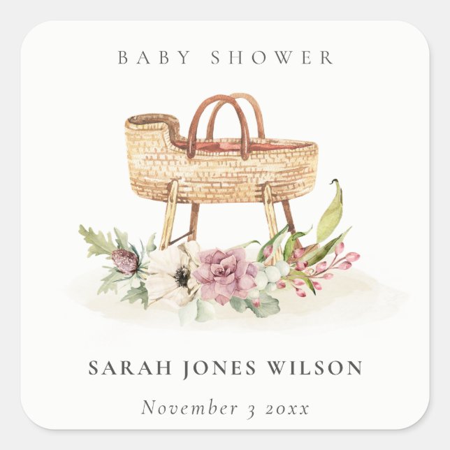 Sticker Carré Boho Nursery rose Floral Baby shower Bassinet (Devant)