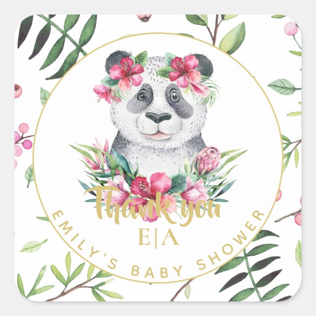 Sticker Carré Boho Panda Ours Fleurs roses Baby shower Merci (Devant)