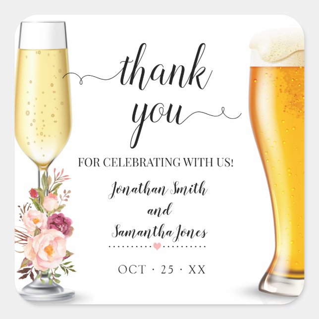 Sticker Carré Boho rose chic bulles et brasse Merci mariage (Devant)