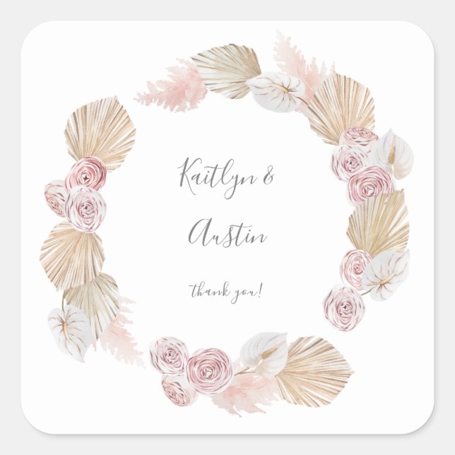 Sticker Carré Boho rose et Merci floral de palme séché (Devant)