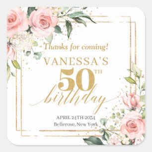 Sticker Carré Boho roses rose rousse parties scintillant or 50e 