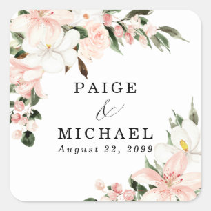 Sticker Carré Boho Rustique blanc rose Mariage Floral