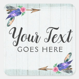 Sticker Carré Boho rustique Floral & Flèche de plumes Aquarelle 