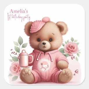 Sticker Carré Boho Teddy Bear Girl Ours Rose Fleur Anniversaire