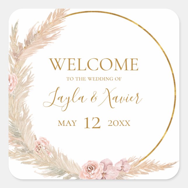 Sticker Carré Boho Tropical Botanical | Bienvenue Mariage (Devant)