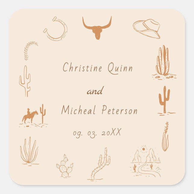 Sticker Carré Boho Western Cowboy Mariage d'illustration (Devant)