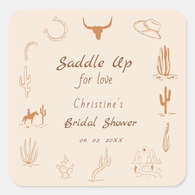 Sticker Carré Boho Western Saddup Cowboy douche nuptiale (Devant)